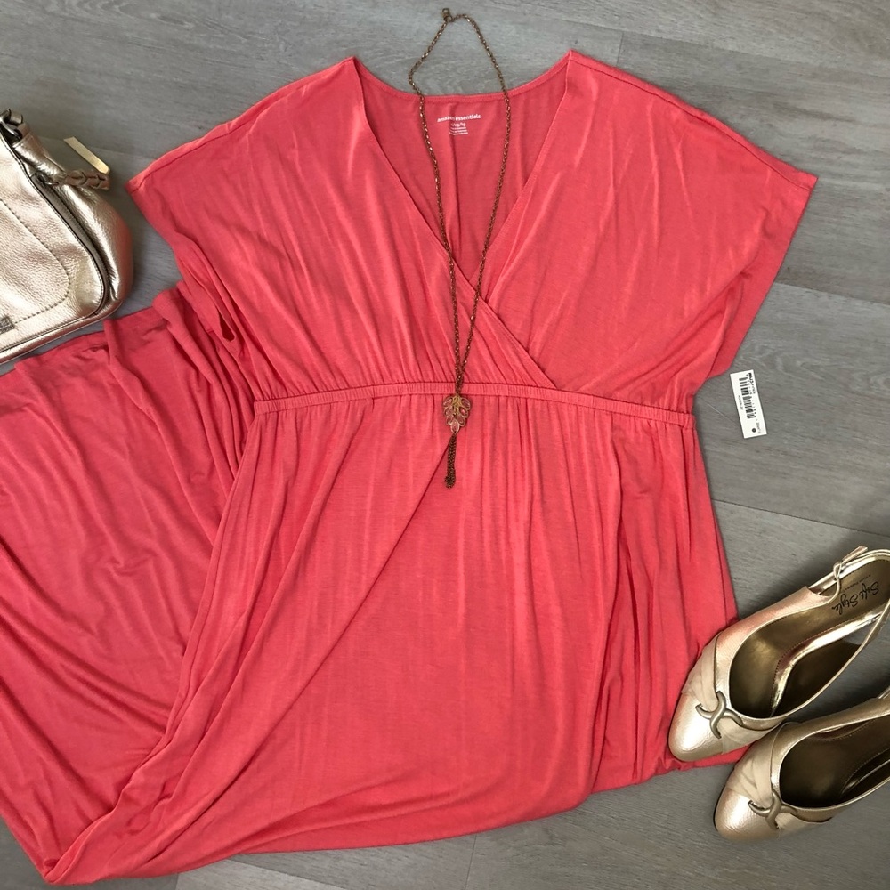 NEW Amazon Essentials V-Neck Coral Stretch Jersey Flowy Maxi Dress Size XL